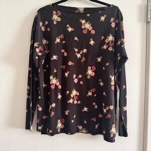 J Jill Luxe Supima Boat Neck Tee Top Black Floral Pullover Long Sleeve Sz M